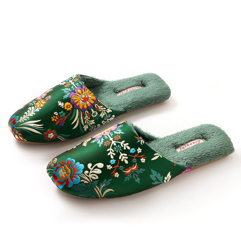 Women's Embroidered Floral Ox-Tendon Sole Plush Slippers
