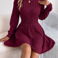 Solid Color Cable Knit Waist Cinched Lantern Sleeve Sweater Dress