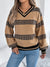 Women V-Neck Color Block Stripe Lantern Sleeve Pullover Sweater