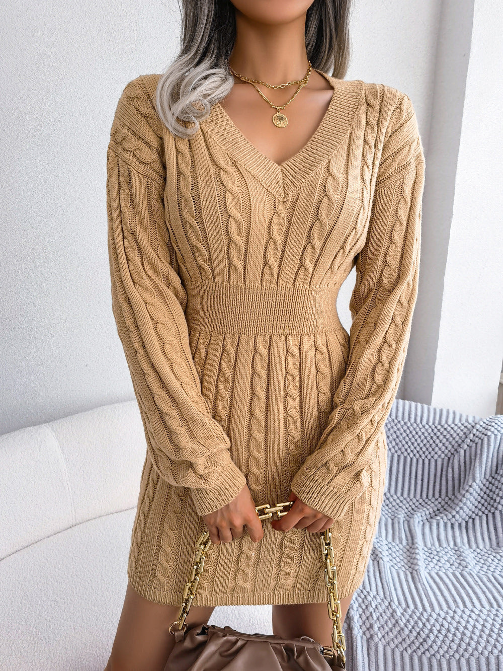 Fashion Cinched Waist Cable Knit Bodycon Sweater Dress