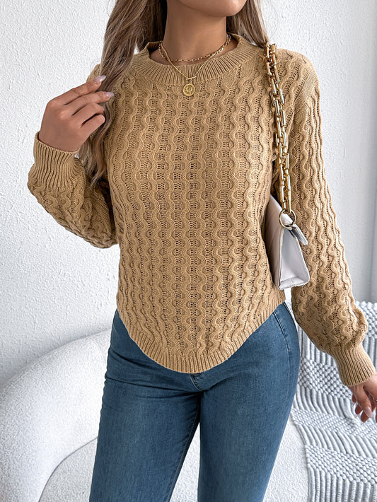 Women Casual Solid Color Cable Knit Lantern Sleeve Irregular Pullover Sweater