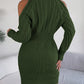 Women Casual Off-Shoulder Half Turtleneck Cable Knit Lantern Sleeve Bodycon Sweater Dress