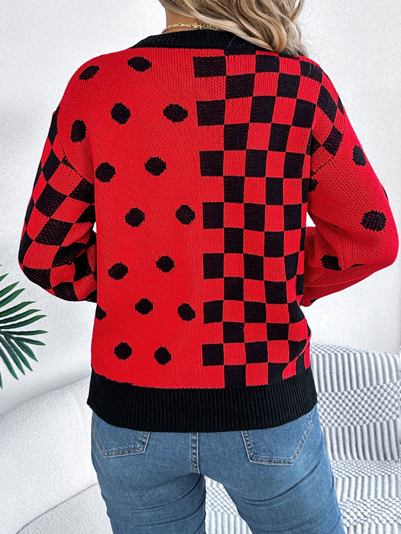 Women Casual Color Block Polka Dot Plaid Lantern Sleeve Pullover Sweater