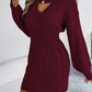 Solid Color Cable Knit Hollow Out Lantern Sleeve Bodycon Sweater Dress