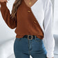 Women Casual V-Neck Button Color Block Lantern Sleeve Pullover Sweater