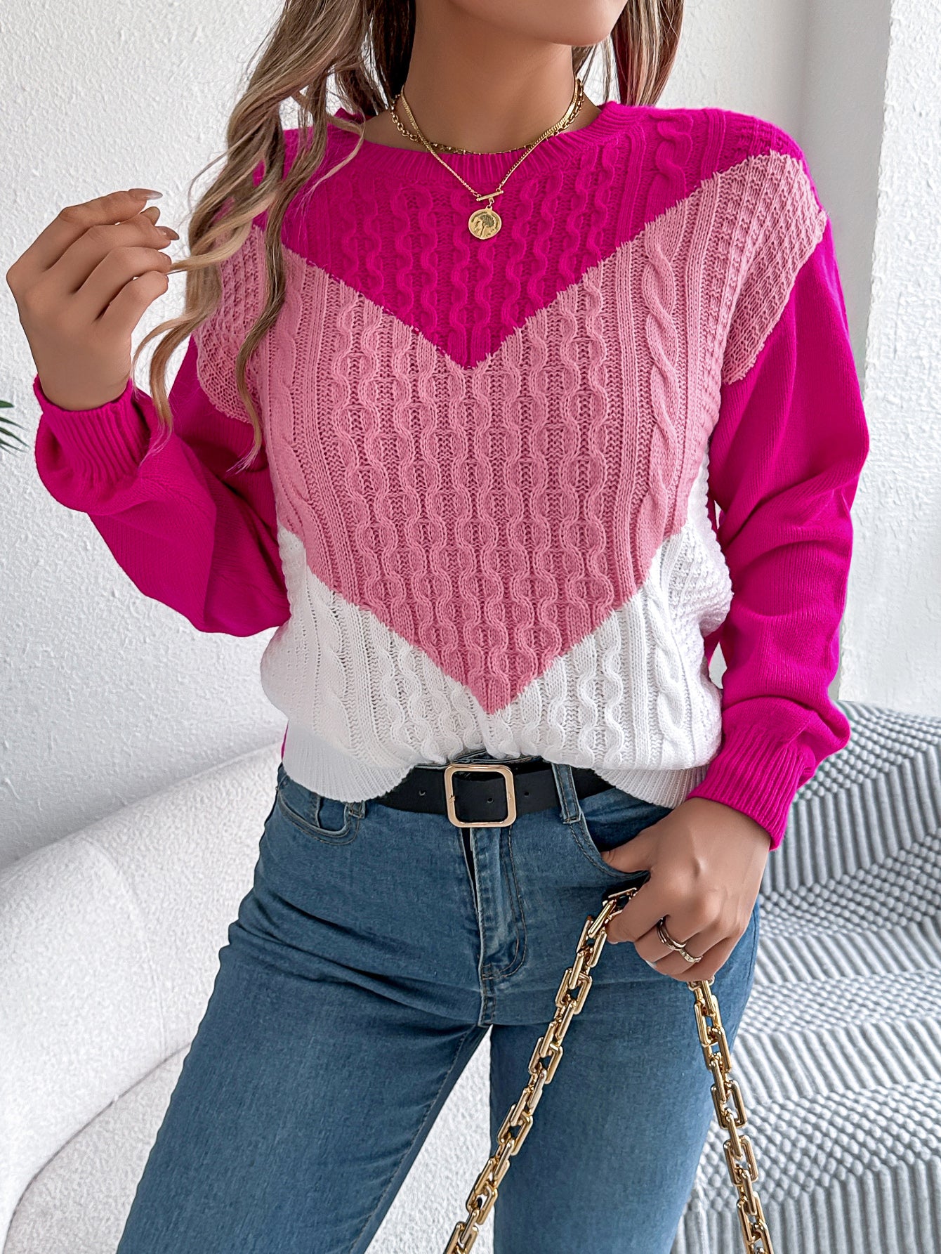 Women Casual Color Block Cable Knit Lantern Sleeve Pullover Sweater