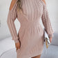 Women Casual Off-Shoulder Half Turtleneck Cable Knit Lantern Sleeve Bodycon Sweater Dress
