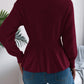 Women Solid Color Cable Knit Cinched Waist Ruffled Long Sleeve Pullover Sweater