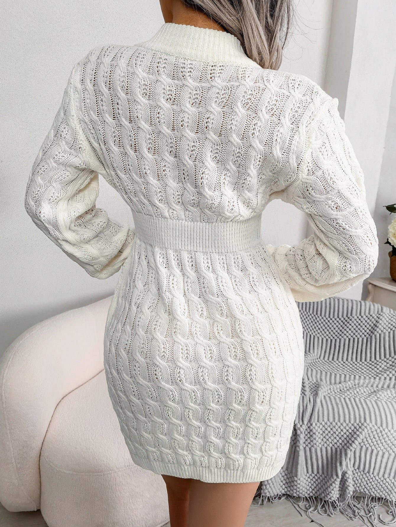 Casual Cable Knit Waist Cinched Bodycon Sweater Dress