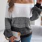 Women Casual Color Block Off-Shoulder Lantern Sleeve Pullover Sweater