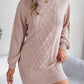 Women Solid Color Cable Knit Cinched Lantern Sleeve Sweater Dress