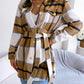 Women's Color-Blocked Plaid Long Sleeve Tie-Waist Thick Tweed Coat