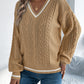 Color Block V-Neck Cable Knit Lantern Sleeve Sweater