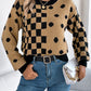 Women Casual Color Block Polka Dot Plaid Lantern Sleeve Pullover Sweater