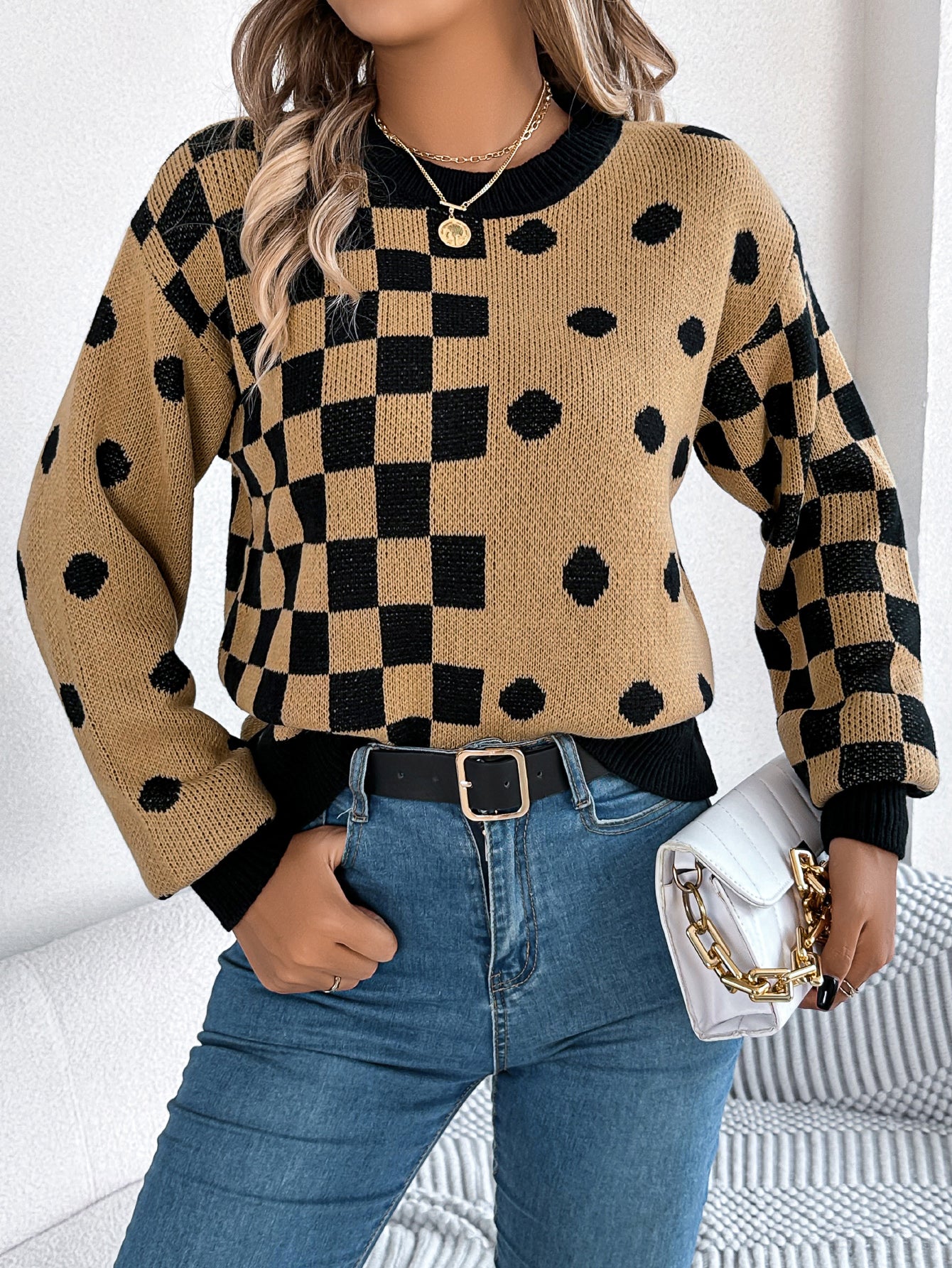 Women Casual Color Block Polka Dot Plaid Lantern Sleeve Pullover Sweater