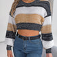 Women Casual Color Block Lantern Sleeve Cropped Pullover Sweater