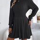 Solid Color Cable Knit Waist Cinched Lantern Sleeve Sweater Dress