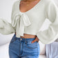 Women Fashion Bow V-Neck Lantern Sleeve Cropped Sweater