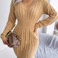 Fashion Cinched Waist Cable Knit Bodycon Sweater Dress
