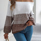 Women Casual Color Block Off-Shoulder Lantern Sleeve Pullover Sweater