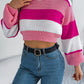 Women Casual Color Block Lantern Sleeve Cropped Pullover Sweater