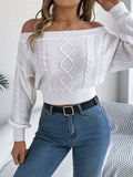 Women Casual Solid Color Off-Shoulder V-Neck Long Sleeve Pullover Sweater