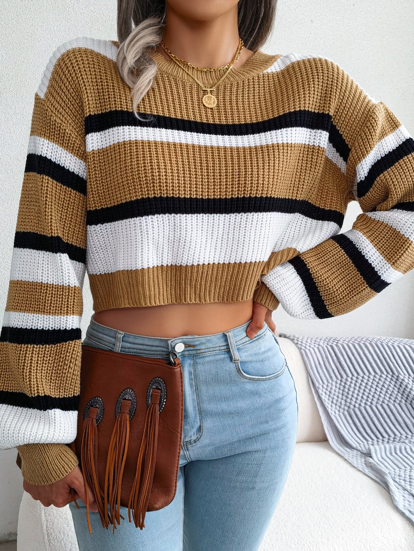 Casual Striped Long Sleeve Cropped Knit Sweater