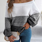 Women Casual Color Block Off-Shoulder Lantern Sleeve Pullover Sweater