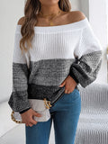 Women Casual Color Block Off-Shoulder Lantern Sleeve Pullover Sweater