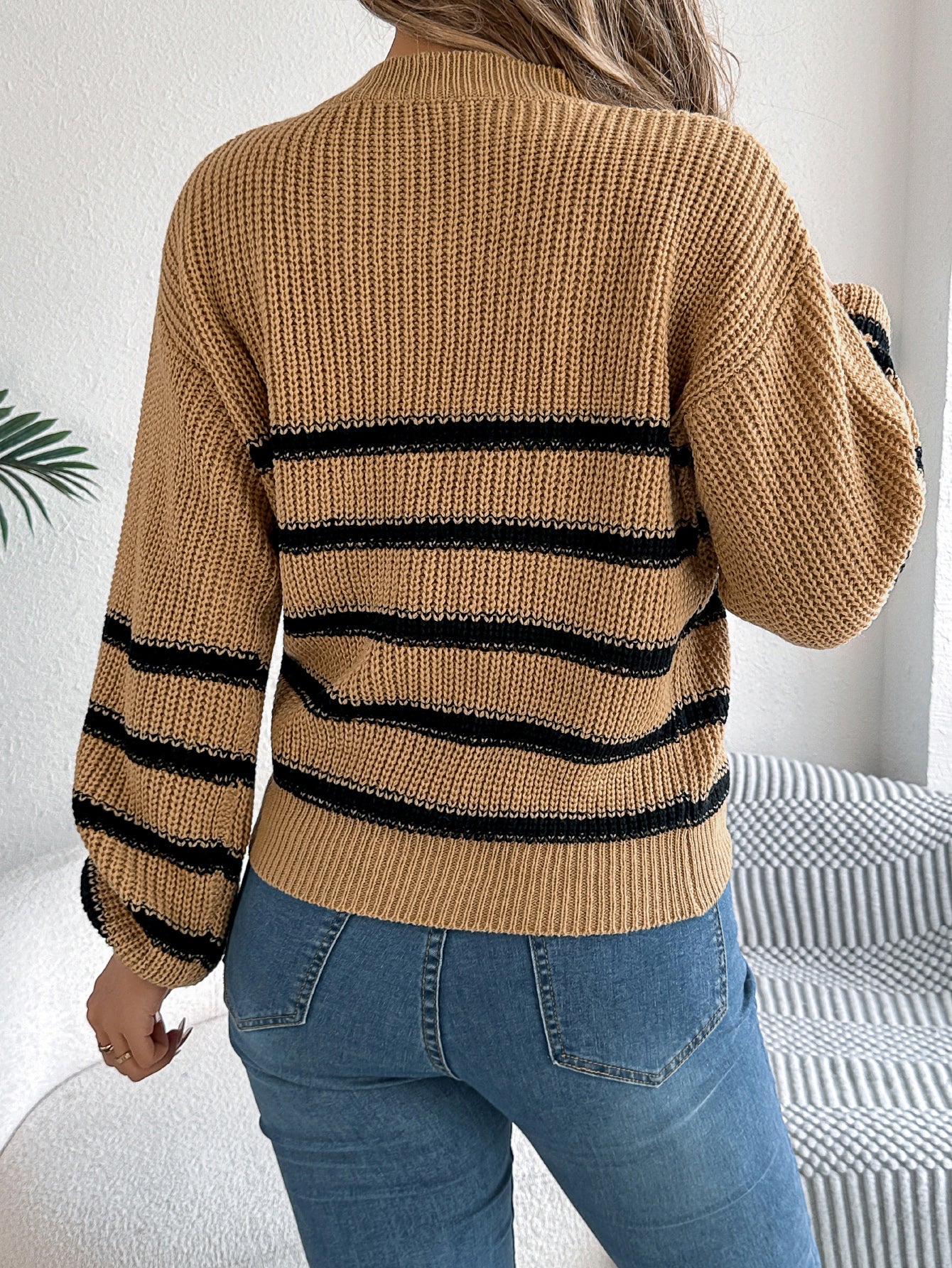 Women Casual Color Block Stripe Lantern Sleeve Pullover Sweater
