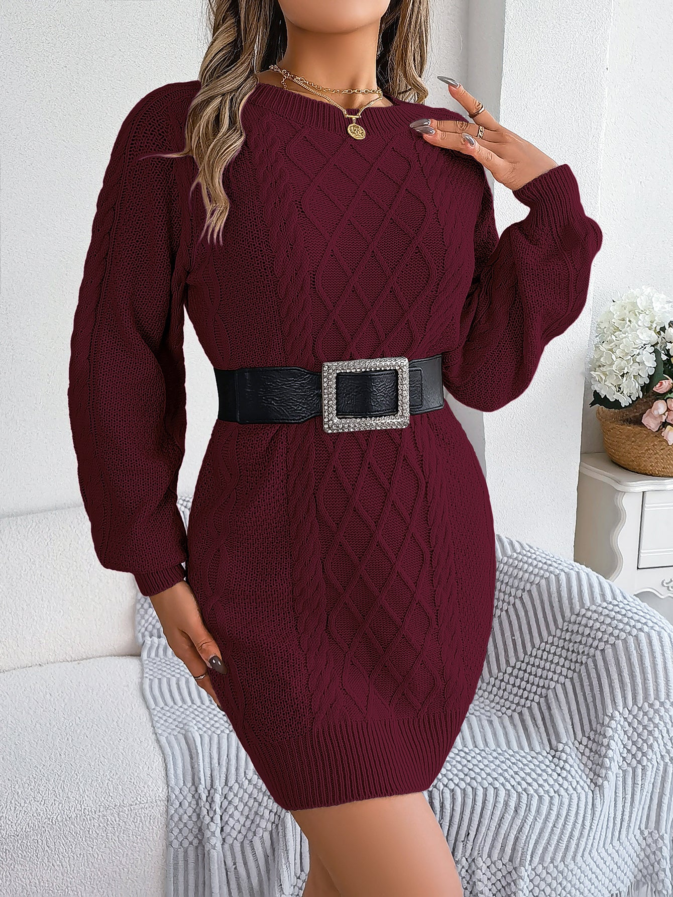 Women Solid Color Cable Knit Cinched Lantern Sleeve Sweater Dress