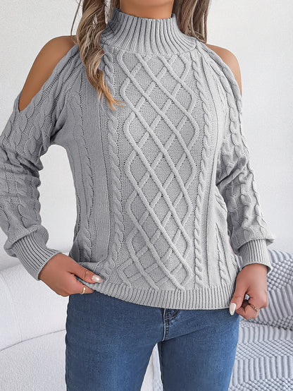 Casual Cable Knit Off-Shoulder Half Turtleneck Long Sleeve Pullover Sweater