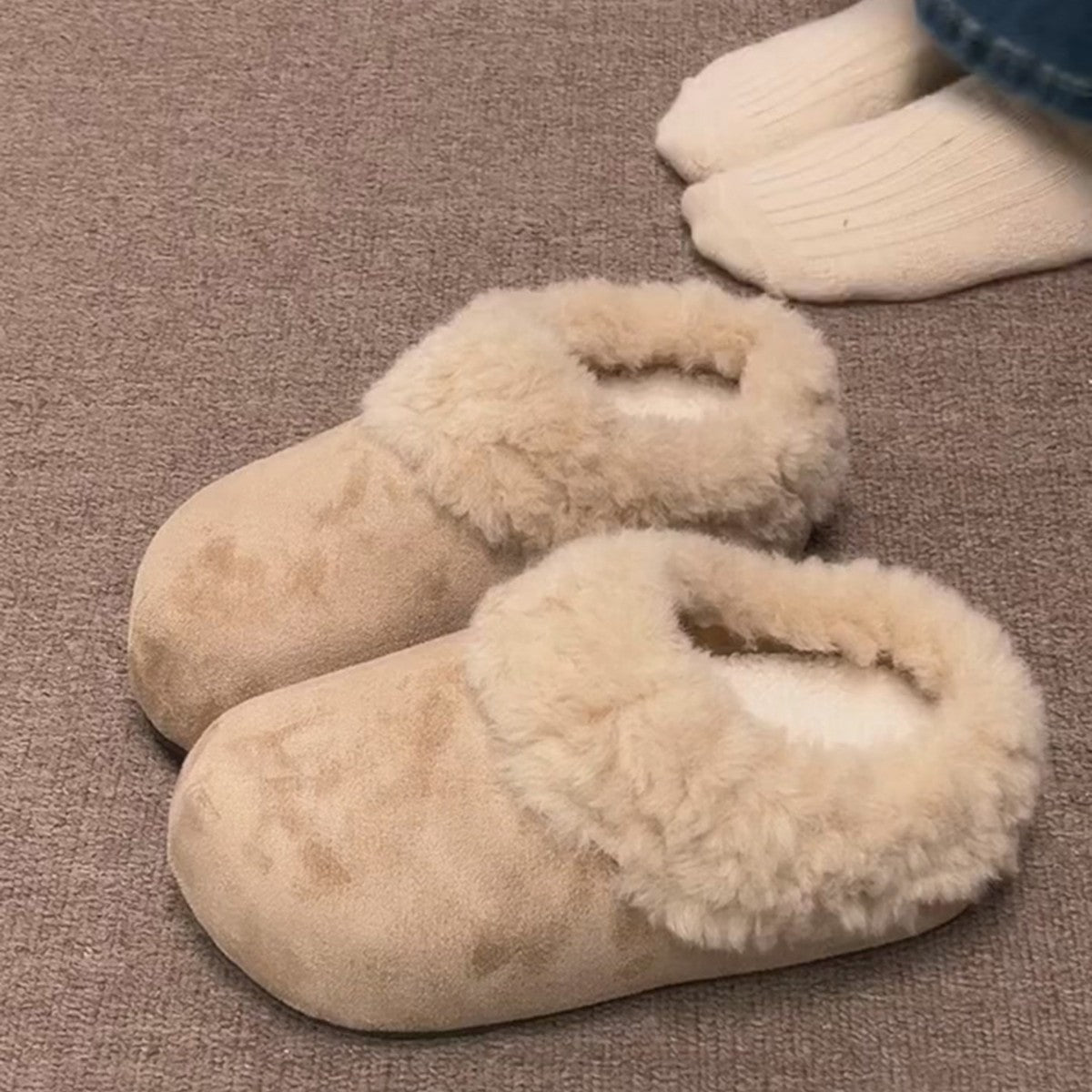 Womens Retro Thick-Soled Fleece-Lined Slippers