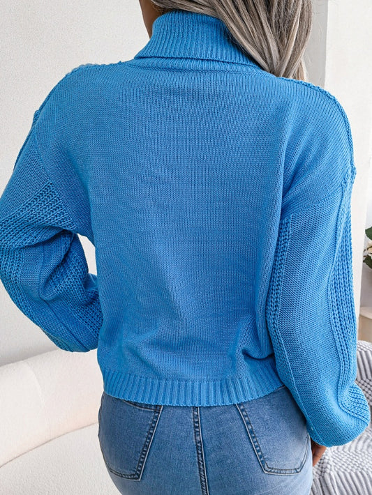 Women Turtleneck Cable Knit Lantern Sleeve Sweater Top