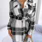 Women's Color-Blocked Plaid Long Sleeve Tie-Waist Thick Tweed Coat