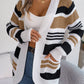 Women Casual Color Block Stripe Pocket Long Sleeve Cardigan Sweater