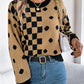 Women Casual Color Block Polka Dot Plaid Lantern Sleeve Pullover Sweater