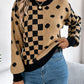 Women Casual Color Block Polka Dot Plaid Lantern Sleeve Pullover Sweater