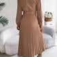 Women's Elegant V-Neck Button Tie-Waist Flared Pleated Maxi Dress