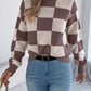 Women's High Neck Color-Blocked Plaid Lantern Sleeve Sweater