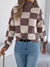 Women's High Neck Color-Blocked Plaid Lantern Sleeve Sweater