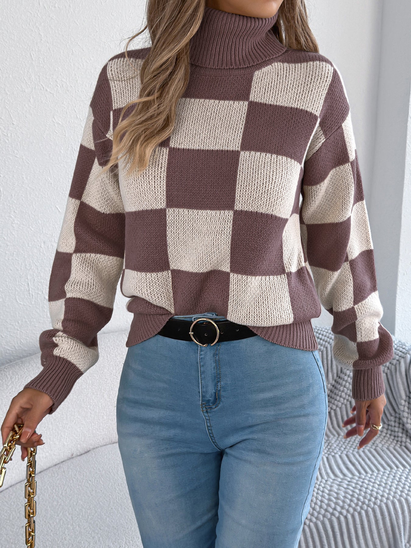 Women's High Neck Color-Blocked Plaid Lantern Sleeve Sweater