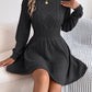 Solid Color Cable Knit Waist Cinched Lantern Sleeve Sweater Dress