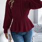 Women Solid Color Cable Knit Cinched Waist Ruffled Long Sleeve Pullover Sweater