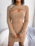 Women Sexy Hollow Out Cable Knit Cinched Bodycon Sweater Dress