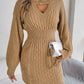 Solid Color Cable Knit Hollow Out Lantern Sleeve Bodycon Sweater Dress