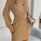 Solid Color Cable Knit Hollow Out Lantern Sleeve Bodycon Sweater Dress