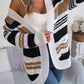 Women Casual Color Block Stripe Pocket Long Sleeve Cardigan Sweater