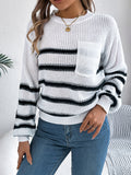 Women Casual Color Block Stripe Lantern Sleeve Pullover Sweater