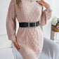 Women Solid Color Cable Knit Cinched Lantern Sleeve Sweater Dress